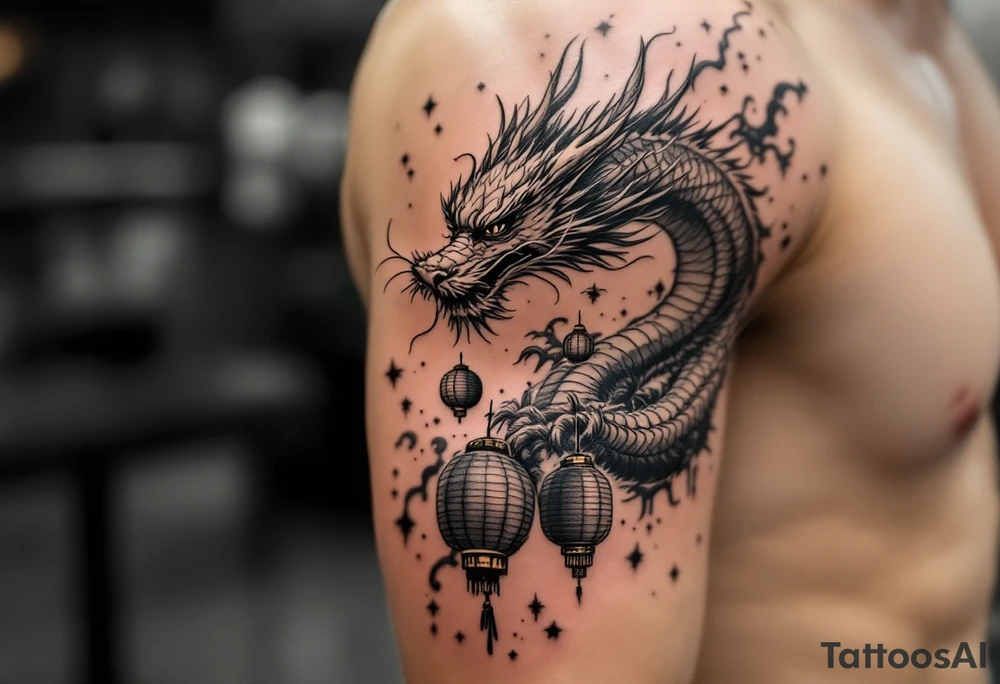 Chinese dragon flying towards the sky surrounded by chinese lanterns tattoo idea