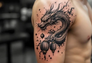 Chinese dragon flying towards the sky surrounded by chinese lanterns tattoo idea