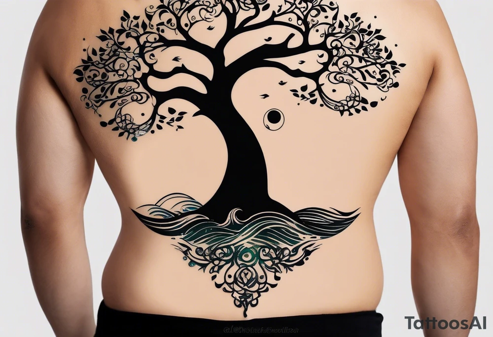 an abstract Tree of Life tattoo. It should have roots growing out of the bottom. The roots slowly turn into water from the Great Wave by Hokusai. A golf flag should be placed discreetly growing out of the ground. 2 license plate tags should be hanging from the tree. Place a few music notes in the areas the leaves should be. The letters A U should be engraved into the tree trunk in a heart. tattoo idea