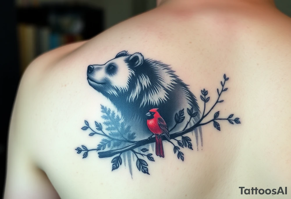 Realistic Woodland with a bear, woodpecker and cardinal tattoo idea