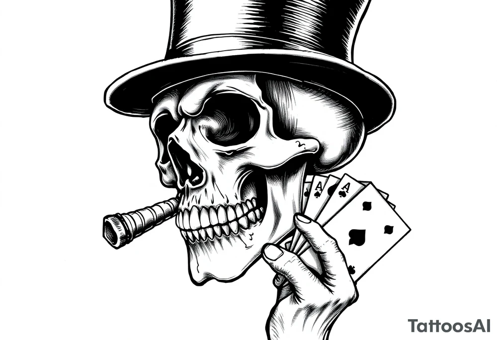 a skull with mustache,top-hat, cigar in his mouth and playing cards in a hand. tattoo idea