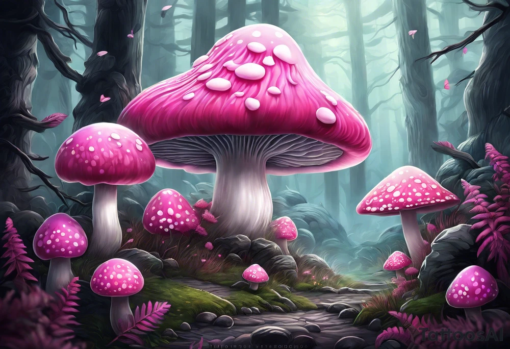 pink and white mushroom forest, smoke coming from caterpillars mouth tattoo idea