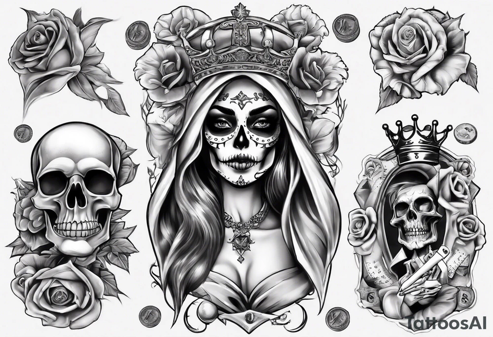 santa la muerta with money and crown
on the card tattoo idea