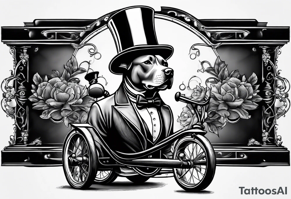 Pittbull wearing a tophat riding a tricycle tattoo idea