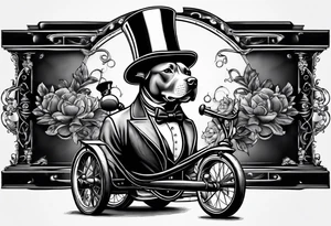 Pittbull wearing a tophat riding a tricycle tattoo idea