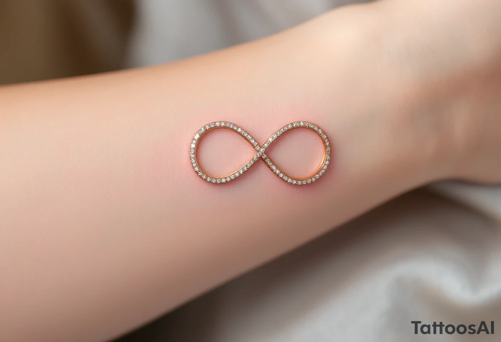 An infinity symbol made of two interlocking wedding bands, shaded in gold and platinum, with tiny diamond sparkles. tattoo idea