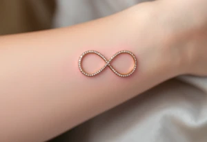 An infinity symbol made of two interlocking wedding bands, shaded in gold and platinum, with tiny diamond sparkles. tattoo idea