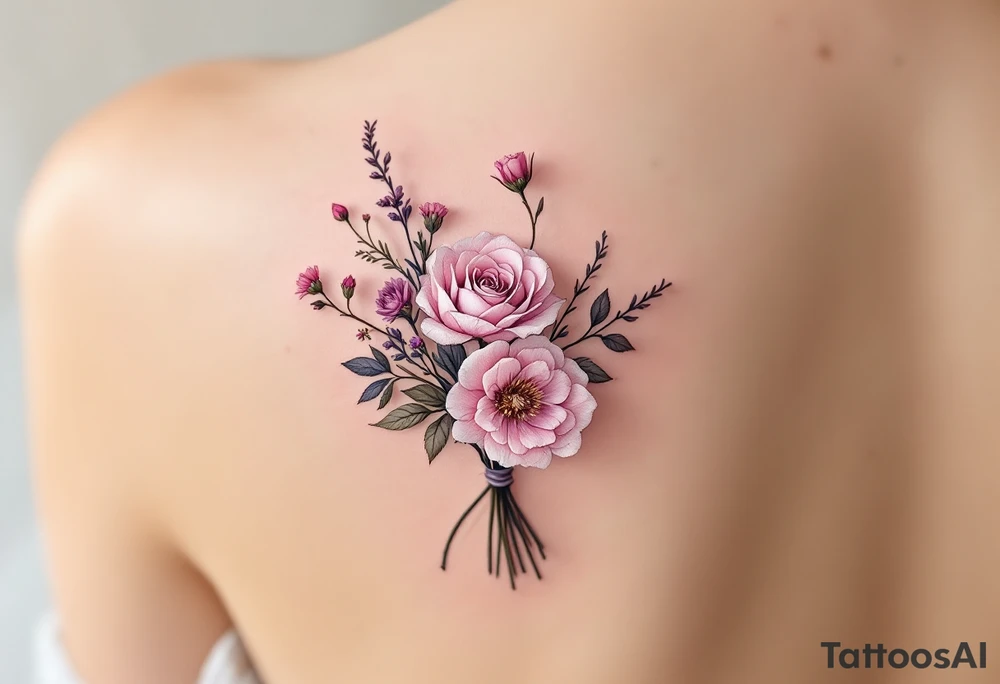 Tiny bouquet of wild roses, in pastel pinks and purples, tied loosely with thread-like ink strokes. tattoo idea