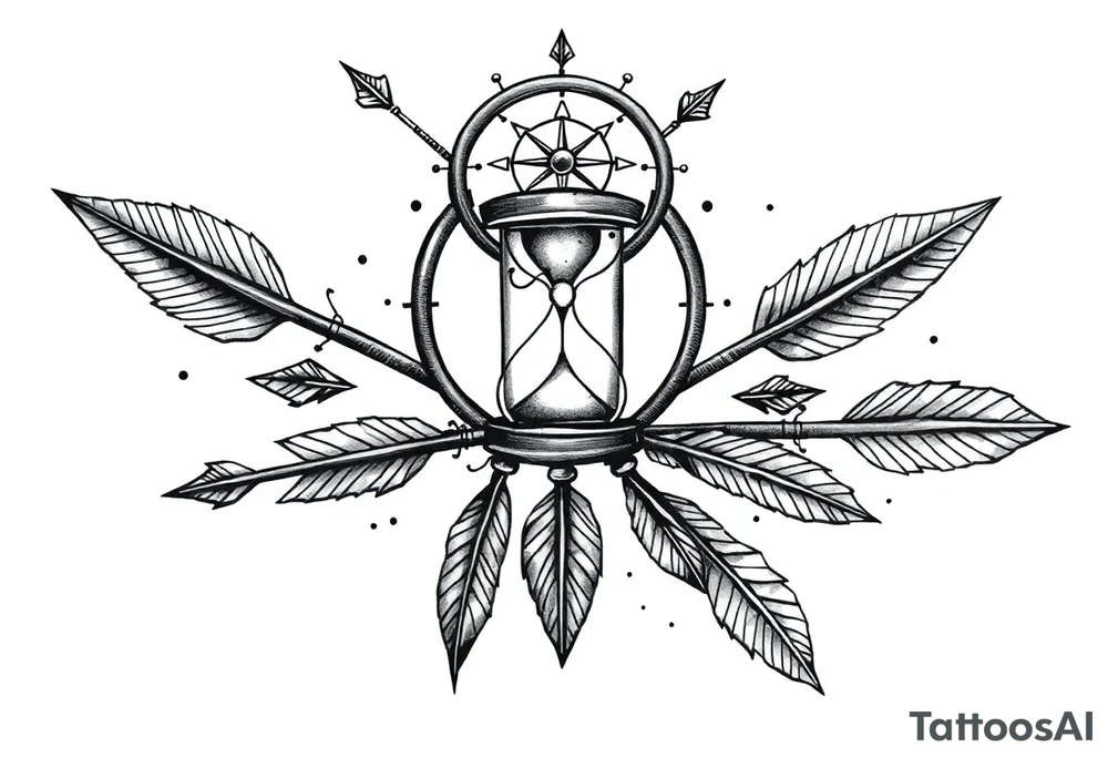 Detailed arrows pointing different ways with hourglass between and compass over top dream catcher circling the entire tattoo idea