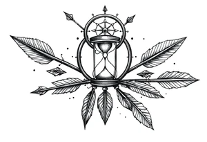 Detailed arrows pointing different ways with hourglass between and compass over top dream catcher circling the entire tattoo idea