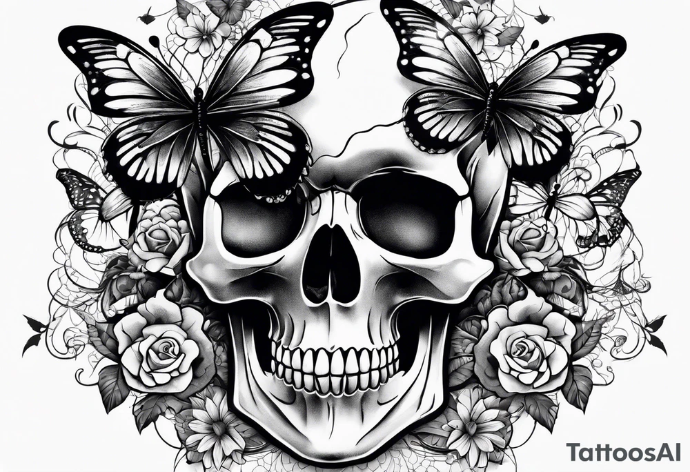 Lace-patterned skull with butterflies tattoo idea