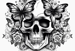 Lace-patterned skull with butterflies tattoo idea