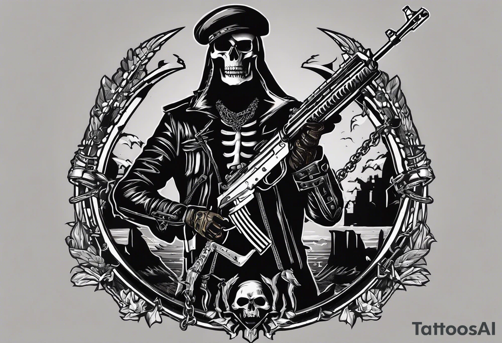 image of a skeleton standing frontally with a crown on his head, holding an AK-47 on his shoulder with his right hand. The chain on the left should be taut, there are three angry barking Dobermans in it, near the waist tattoo idea