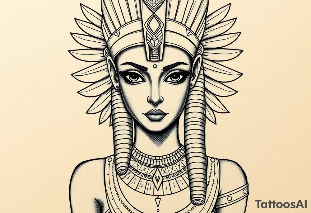Tatuagem egípcia feminina detalhada, representando o deus egipicio Horus na sua forma de falcão da mitologica egipicio, com adornos e simbolos tradicionais egípicios, a figura está em posição frontal, com detalhes hieroglíficos sutis ao redor, integrados harmonicamente. Fundo minimalista, inspirado em papiro antigo, com tons terrosos suaves. Estilo artístico com traços finos, sombra leve para destacar volume, ideal para a parte frontal da canela, transmitindo elegância e misticismo. tattoo idea