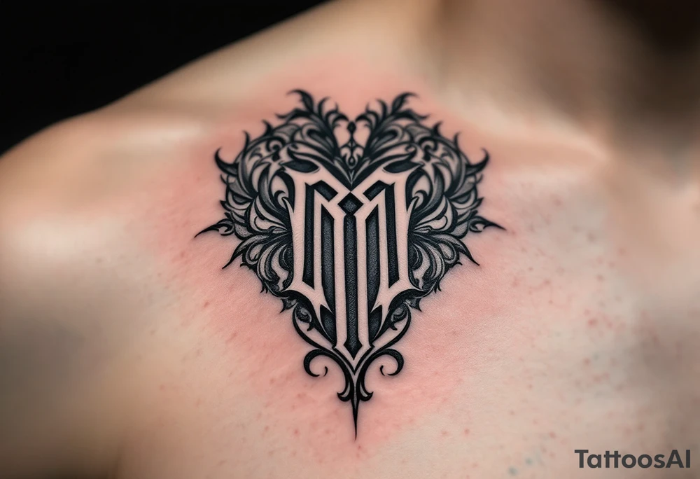 A black and grey ornamental heart with a bold Gothic-style letter "M", surrounded by subtle shading and filigree details. tattoo idea
