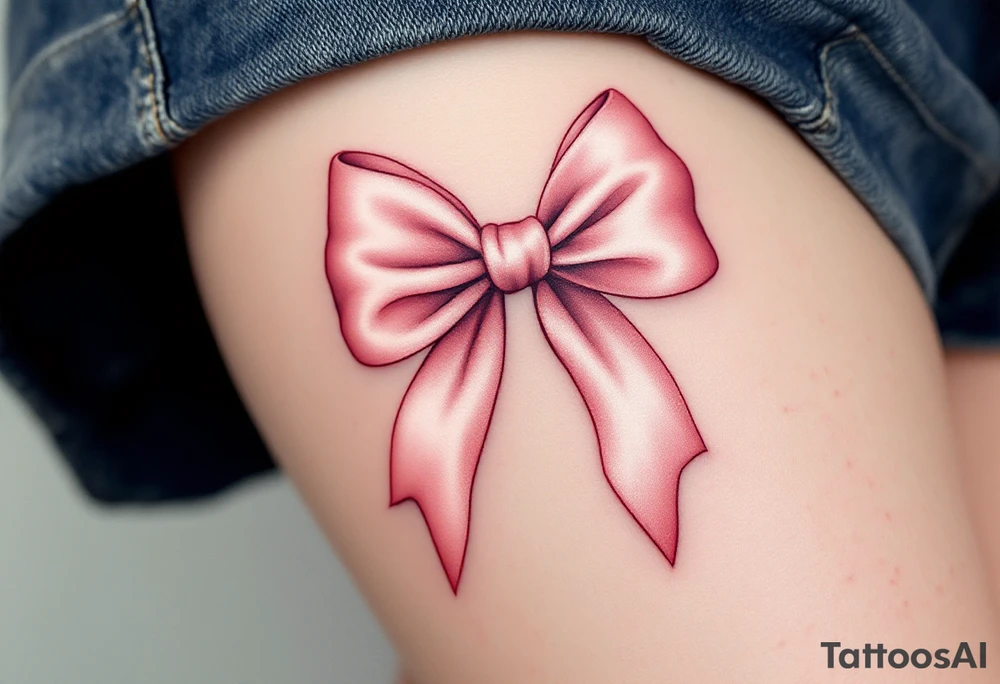An elegant satin bow tattoo, tied in a perfect knot with gracefully flowing tails, symbolizing unity and everlasting love. The bow is rendered in a soft blush pink with gentle highlights, creating a realistic silk-like sheen. Subtle shadows add depth, making the fabric appear delicately folded. The knot at the center is slightly darker, emphasizing its structure and strength. tattoo idea