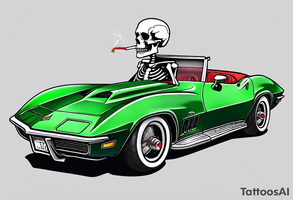 Skeleton smoking a cigarette driving a green 1976 convertible Corvette tattoo idea