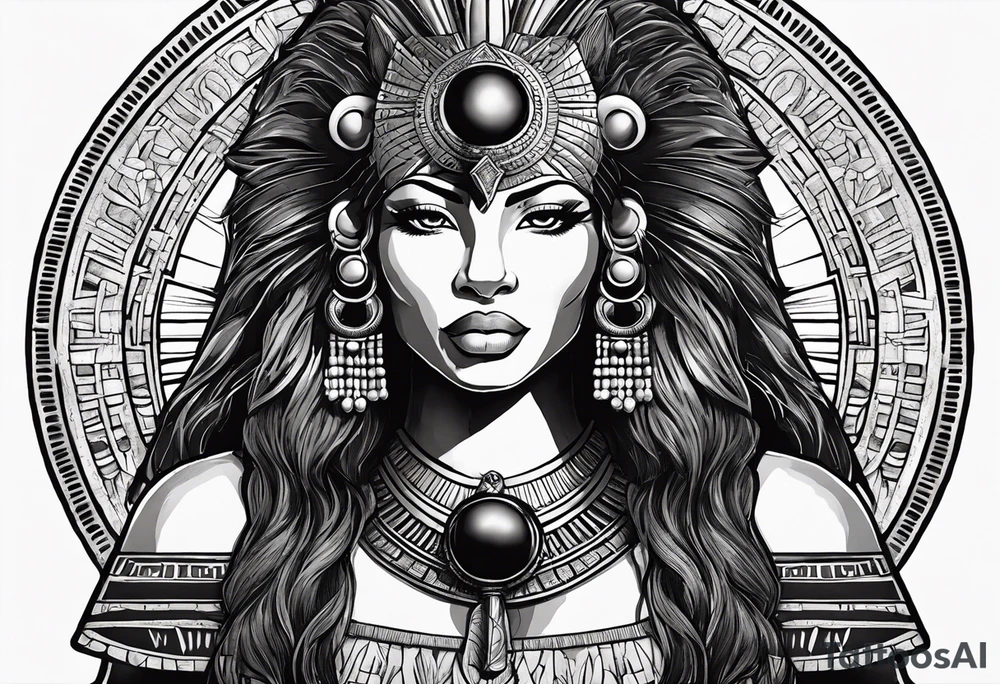 Ancient Egyptian goddess sekhmet, lioness head with black sun disk above her head and woman's body. She looks straight ahead and ready for battle looking fearless and powerful holding an ankh in one hand and a papyrus sceptre in another, she has long hair flowing tattoo idea