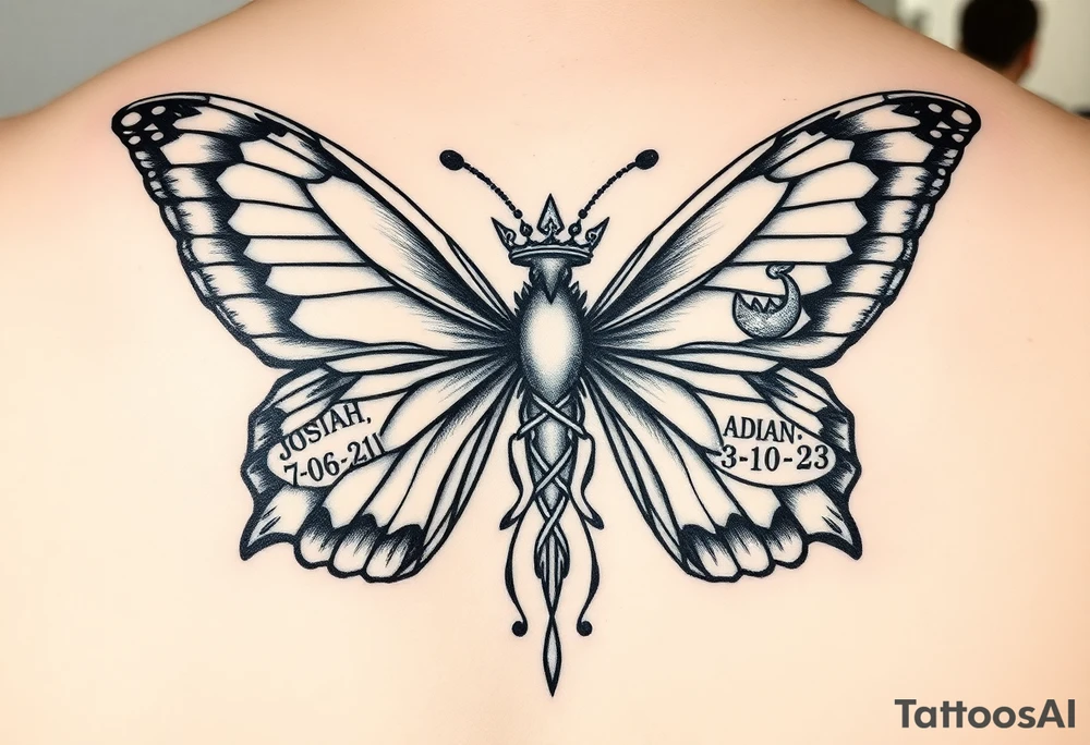 majestic butterfly angel with two king crowns and in grave in one of the king crowns the names JOSIAH wuth the date 7-06-21 in roman numerals and I. The other king crown the name Adian with the date 3-10-23 in roman numerals tattoo idea