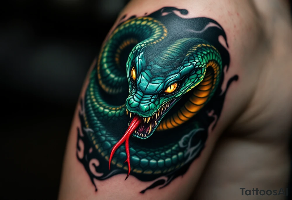 A coiled cobra with flared hood inked in glossy black and deep emerald green, its golden eyes glowing and fangs dripping with crimson venom, poised to strike against a smoky gray background. tattoo idea
