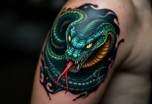 A coiled cobra with flared hood inked in glossy black and deep emerald green, its golden eyes glowing and fangs dripping with crimson venom, poised to strike against a smoky gray background. tattoo idea