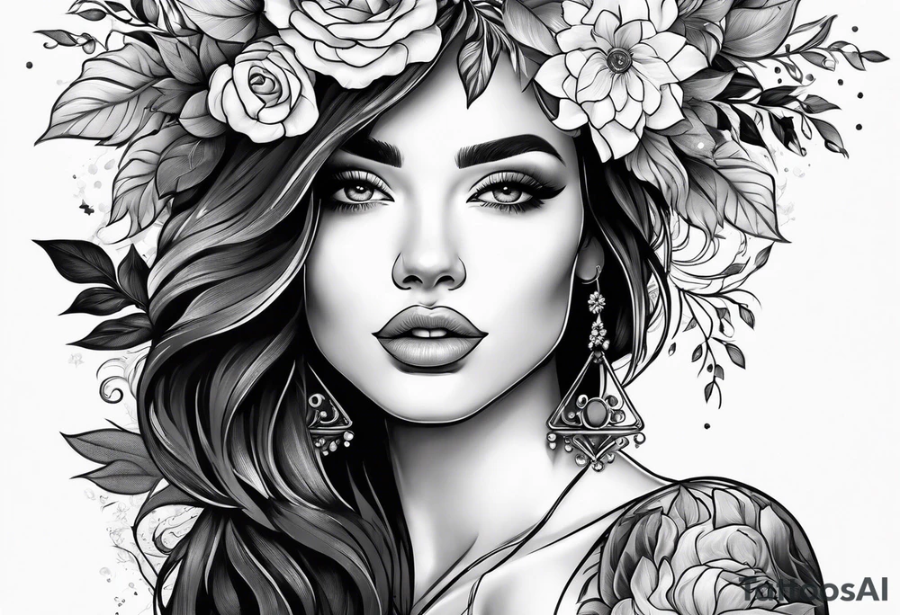 Powerful women’s face with flowers around tattoo idea