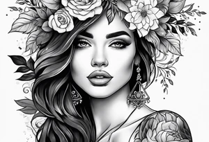 Powerful women’s face with flowers around tattoo idea