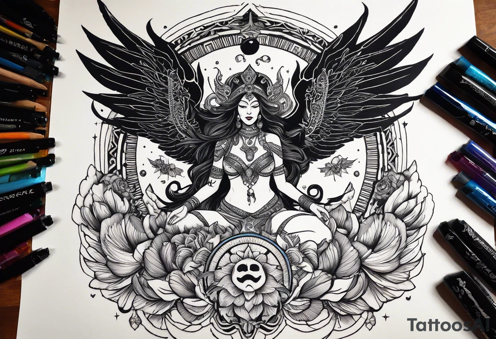 black kali, goddess pirate, alien, angel, pachamama, valkrye, warrior, flying, skull, lotus azul, wing, eagle, zenza resonance, stars, 5D, anahata chakra, death, durga, riding on a tiger, flying lady, chest tatoo tattoo idea