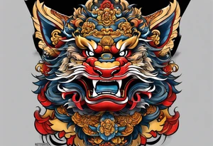 Double chest piece, done in Neo Japanese style of Okinawa shisa. On one side is the male with his mouth open, and the other side, the female with her mouth closed. tattoo idea