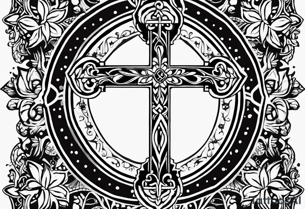 Create a small wrist sized tattoo that has Proverbs 31:25 "She is clothed with strength and dignity, and she laughs without fear of the future"

I would like a cross with text wrapped around it tattoo idea