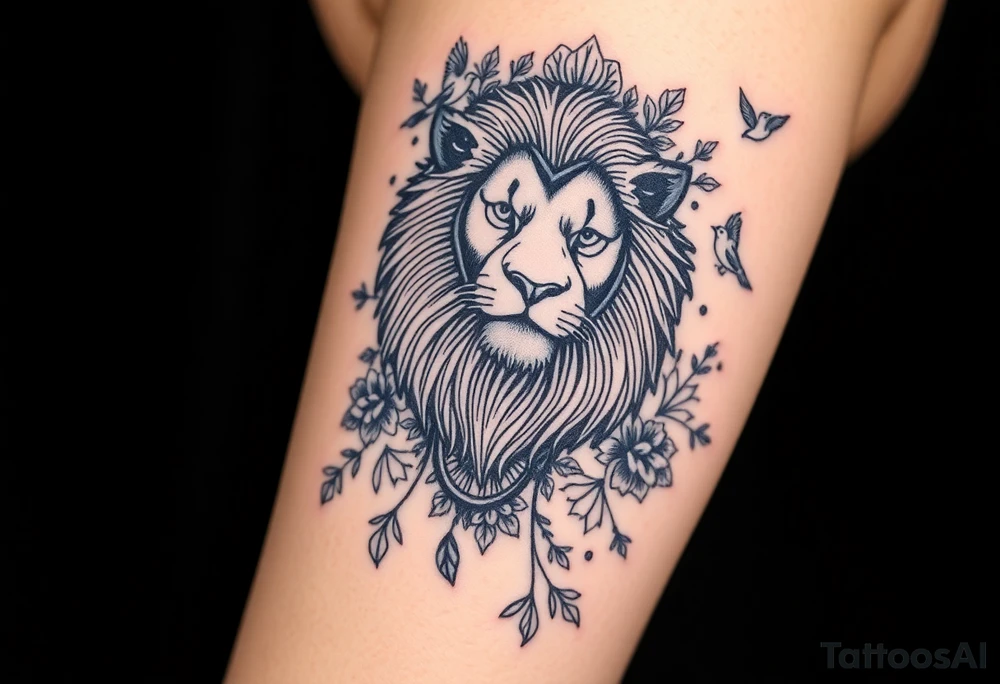 powerful majestic lion with a crown, surrounded by floral ornaments and birds tattoo idea