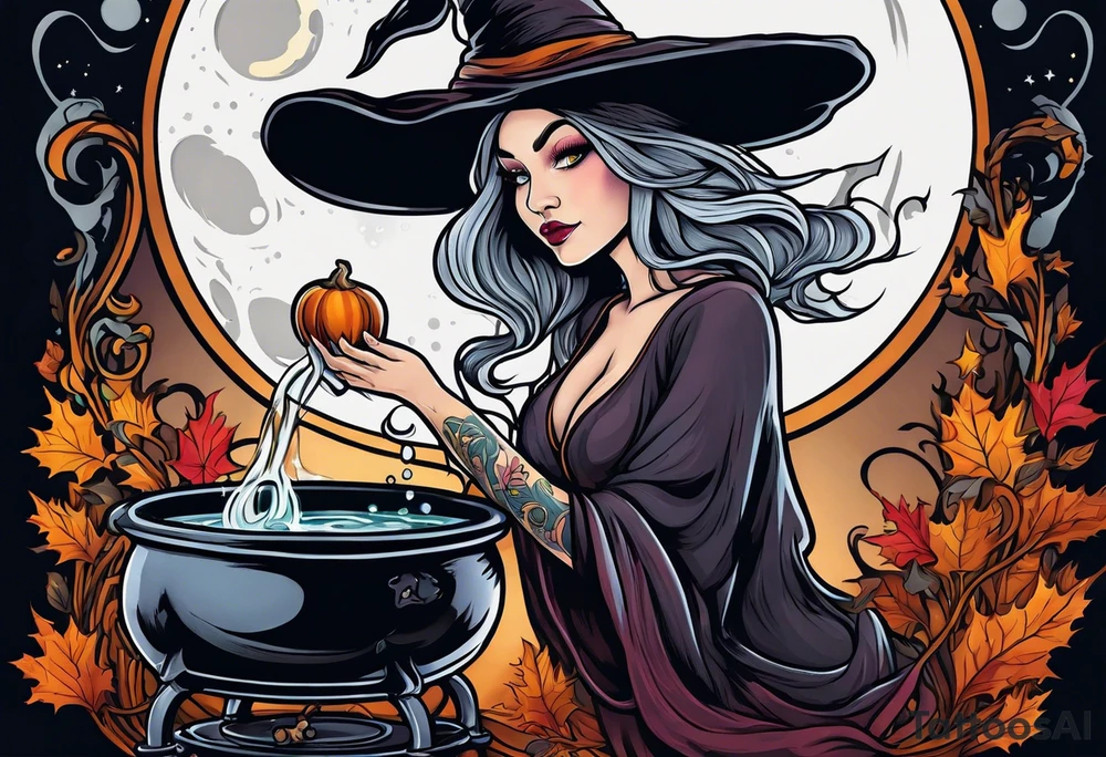 Witch stirring a cauldron under a full moon tattoo idea