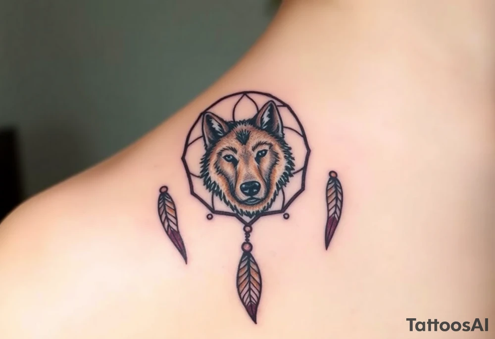 A wolf’s paw print in the center of a dreamcatcher, with the wolf’s face subtly peeking through. The dreamcatcher threads are light brown, and the paw print is shaded in dark brown with hints of green around the edges. tattoo idea