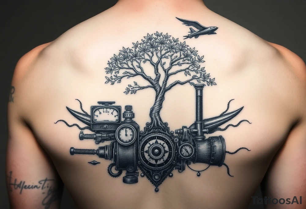 tree growing out of a v shaped engine with lots of pipes, guages and steam around the engine 
 with a smoke stack coming out of the top 
 billowing black smoke as if the tree and engine were a flying machine flying through the air 
 with an extreme steam punk vibe alot more steam punk tattoo idea