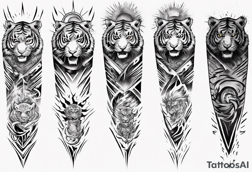 Tiger Warrior sleeve tattoo with lightning and the sun
Forearm sleeve tattoo idea