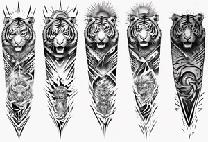 Tiger Warrior sleeve tattoo with lightning and the sun
Forearm sleeve tattoo idea