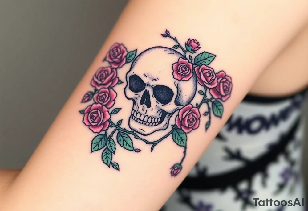 gothic skull intertwined with climbing roses and thorny vines tattoo idea