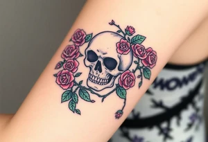 gothic skull intertwined with climbing roses and thorny vines tattoo idea
