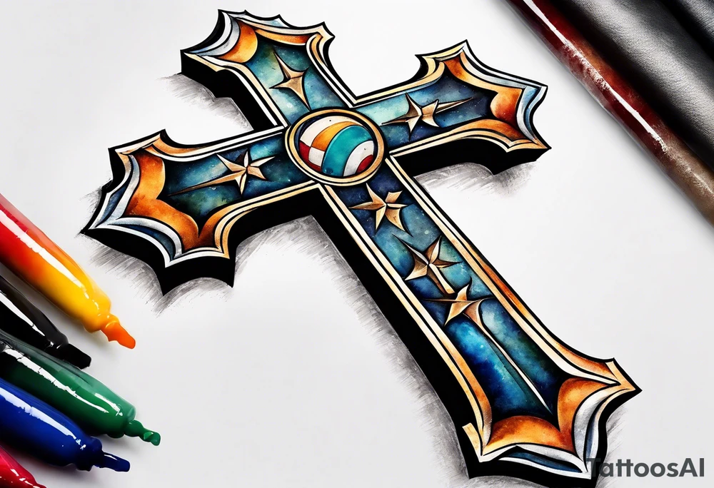 Cross made out of an American football leather with watercolor background tattoo idea