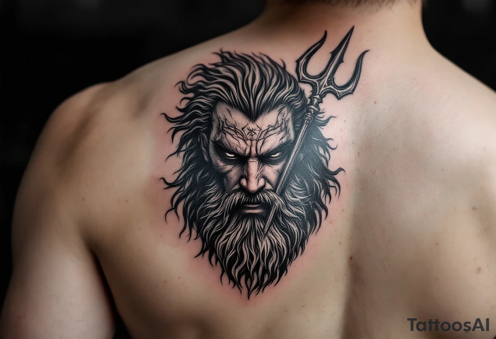 poseidon with huge trident in front of his face tattoo idea