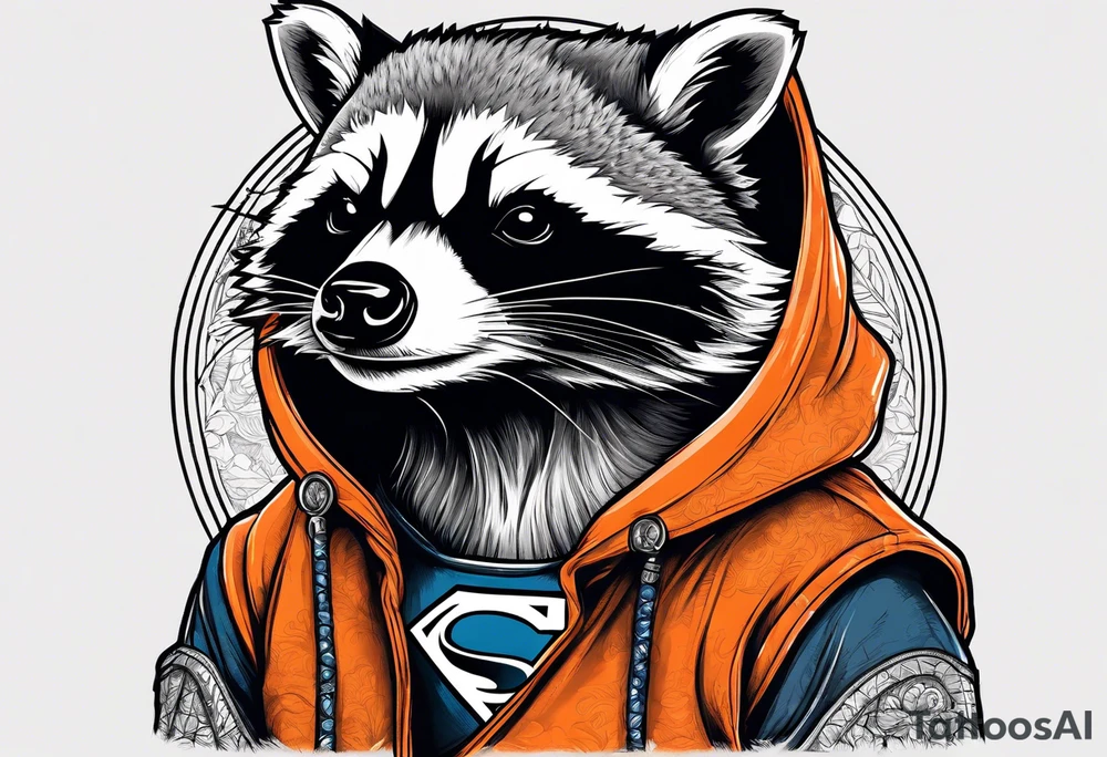 Raccoon wearing an orange Superman hoodie tattoo idea