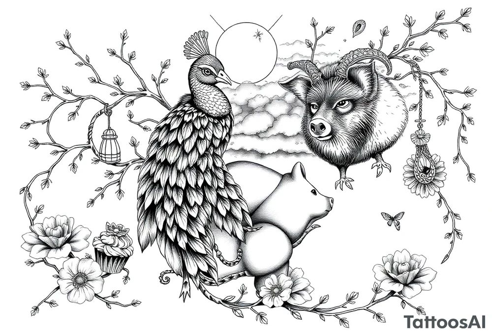 Mystical
  branches fat naked sexy woman , peacock , pig , cupcakes, sins,  Storm clouds, pig, peacock , fat sexy naked fat woman, cake, clouds, noose , money, goat lion, man sex toys pussy dicks, cigerette storm lightening, killing, darkness death, violent majestic creatures and penis and vagina tattoo idea