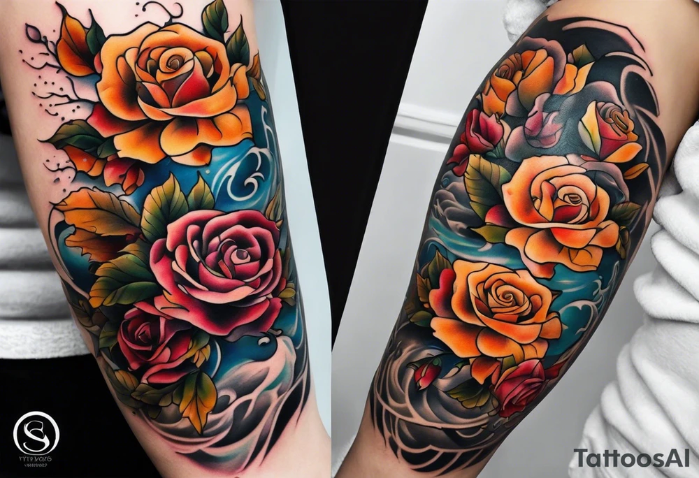 thigh tattoo with fall colors showing, flowers, roses, water flow, and sky tattoo idea