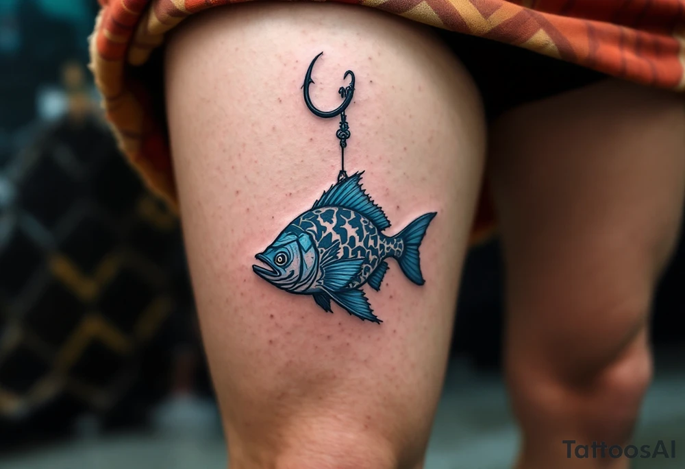 Hook with Fish Silhouette – A black fishing hook with a silhouette of a fish dangling on the line, both intricately detailed in shades of blue and gray to highlight the connection between hunter and prey. tattoo idea