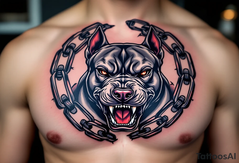 Pitbull snarling inside a broken chain circle, gray and black tattoo with metallic shading on the chains and red eyes for intensity. tattoo idea