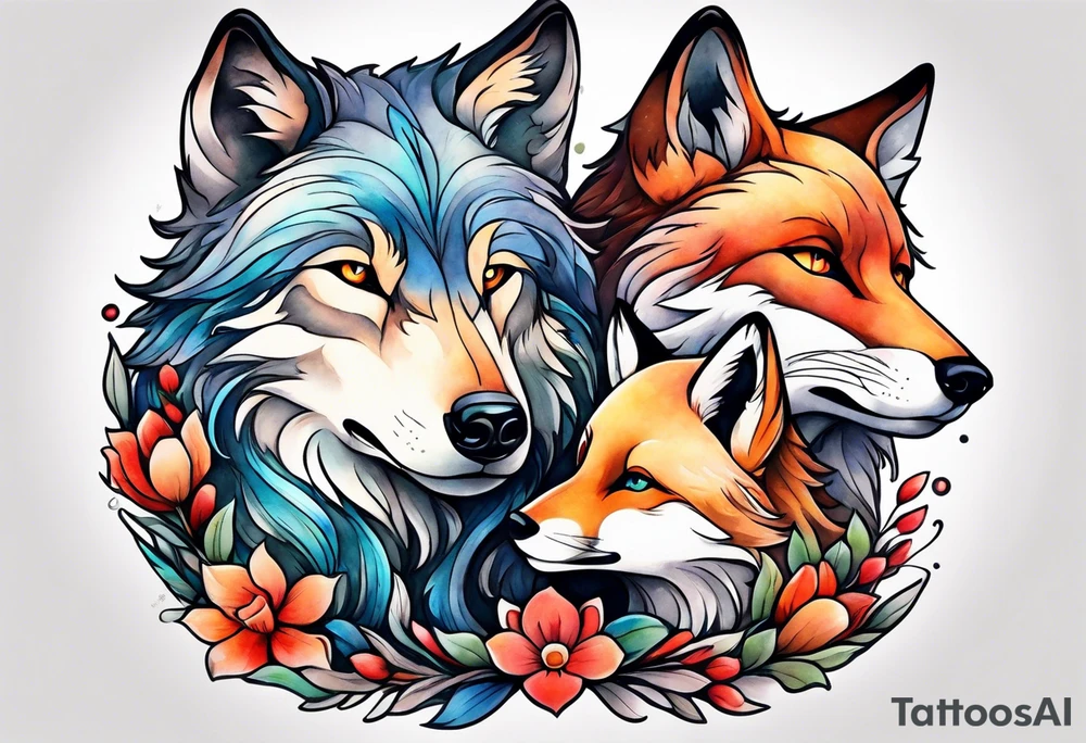 Wolf and fox nuzzling tattoo idea