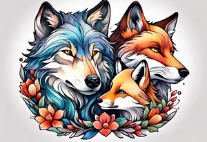 Wolf and fox nuzzling tattoo idea