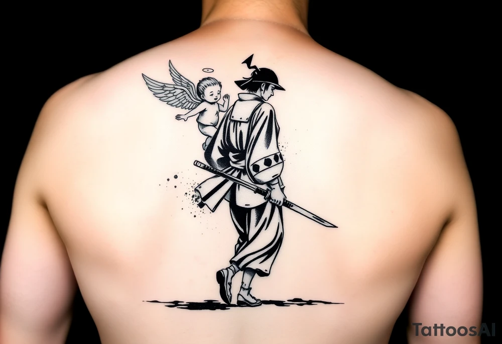 "Blackwork tattoo sketch of a lone samurai walking forward, shown in dramatic silhouette style. The samurai wears traditional kimono and hakama, holding a katana in one hand with the blade pointing downward. Behind him floats a small child angel with detailed feathered wings, gently touching the samurai’s back with one hand, as if stopping or guiding him. Strong contrast, dynamic ink splatter, rough brush strokes, Japanese sumi-e vibe, emotional and symbolic composition, high detail linework, no background." tattoo idea