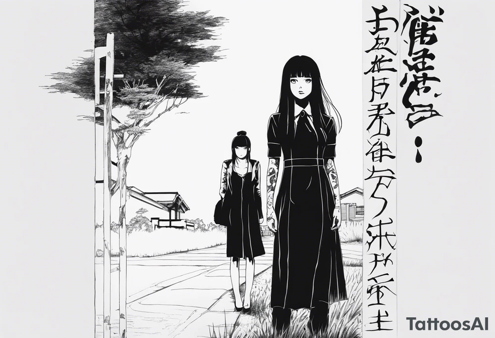 portrait of tomie standing up a character by the horror manga author junji ito full body standing menacingly. add more horror and gore elements tattoo idea