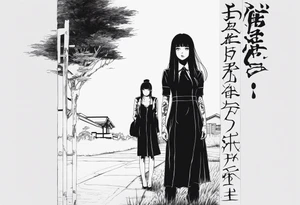 portrait of tomie standing up a character by the horror manga author junji ito full body standing menacingly. add more horror and gore elements tattoo idea